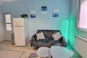 - un salon avec une chaise et un réfrigérateur blanc dans l'établissement Appart du Pont Vert B01 ~ proche centre Mon Groom, à Troyes