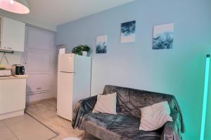 - un salon avec un canapé et un réfrigérateur dans l'établissement Appart du Pont Vert B01 ~ proche centre Mon Groom, à Troyes