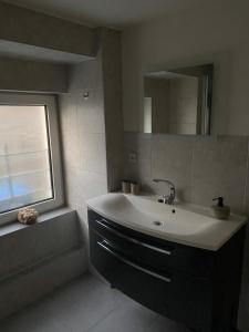 uma casa de banho com um lavatório, um espelho e uma janela em Haus Heiken em Altemburgo