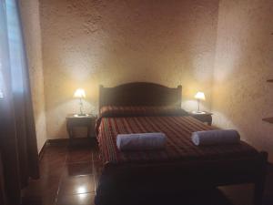 a bedroom with a bed with two lamps on two tables at cabañas elita in San Rafael