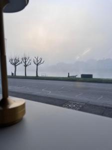uma vista para uma estrada com árvores à distância em La Rose du Cèdre em Gray