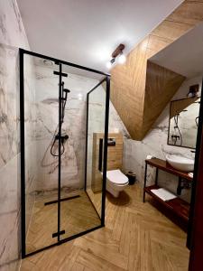 a bathroom with a glass shower and a toilet at Rozeta in Witów