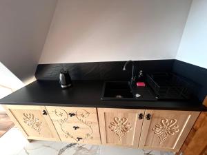 a kitchen with a sink and a black counter top at Rozeta in Witów