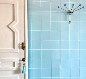 a blue tiled shower with a spider on the wall at Botánico Casa Rural in Arcos de la Frontera +69 photos
