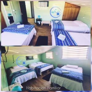 Hostal Paradise Blue في أوسورنو: صورتين لغرفة فندق بسريرين