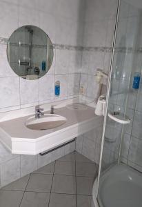 La salle de bains est pourvue d'un lavabo, d'un miroir et d'une douche. dans l'établissement City Hotel - Einzelzimmer, à Rastatt