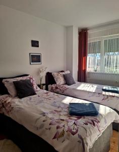 um quarto com 2 camas e uma janela em Gospic Riverside Apartment em Gospić
