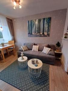 een woonkamer met een bank en 2 tafels bij Waldfee in Altenau