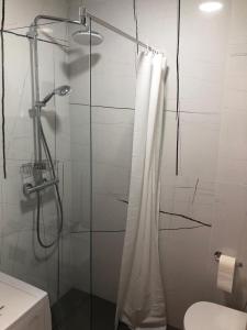 a bathroom with a shower with a shower curtain at Harmony Tivat Apartment in Tivat