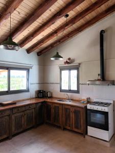 una cucina con armadi in legno e piano cottura. di Finca Rosablanca a Tunuyán