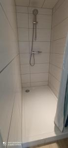 a white shower with a shower head in a bathroom at Apartmenthaus Westerkoog in Hedwigenkoog
