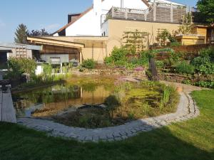 a pond in the yard of a house at Wohnung mit Sauna, Garten & Schwimmteich in Bietigheim-Bissingen