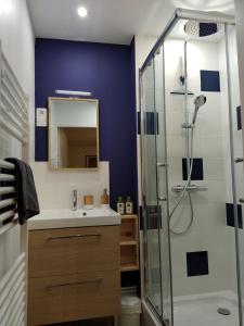 een badkamer met een wastafel en een douche bij Les Gîtes d'Angres - gîte n°2 in Angres