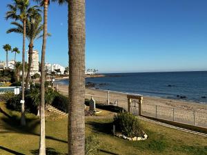 a view of a beach with palm trees and the ocean at Beachfront apartment Mijas Costa - Marbella in Mijas Costa