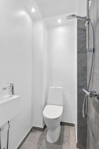 a white bathroom with a toilet and a shower at Modern Central Located Apartment in Copenhagen