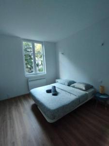 um quarto branco com uma cama e uma janela em Le Grand Montjoux em Besançon