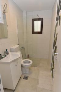 La salle de bains est pourvue de toilettes, d'un lavabo et d'une douche. dans l'établissement Banja na Drini - Lux vikendice na obali reke, à Banja Koviljača