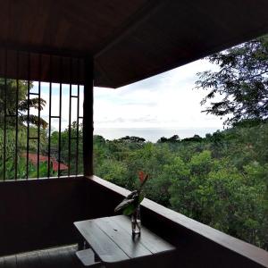 un jarrón sentado en una mesa con vistas al océano en Casa Miramar en Uvita