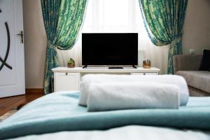 uma sala de estar com uma cama e uma televisão em Infinity Boutique Apartments em Bansko