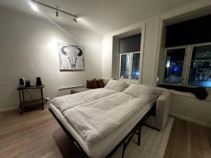 sypialnia z dużym łóżkiem w pokoju z oknami w obiekcie Lovely apartment in Tromsø city centre w mieście Tromsø