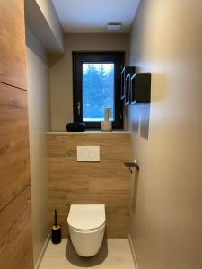 a bathroom with a toilet and a window at Appartement PISTE ROUGE in Les Houches +32 photos