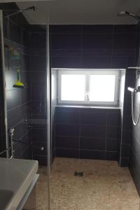 baño con ducha, ventana y lavamanos en Les Bories en Taulignan