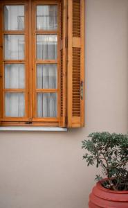 uma janela numa parede com uma planta num vaso em Boutique 27, luxury apartment. em Ioannina