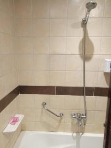 bagno con doccia, vasca e lavandino di Salvatore Rooms -Al Dokki Tahrir Street a Il Cairo