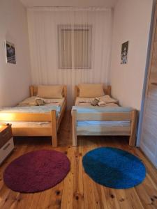 two twin beds in a room with two rugs at Mrdja Apartments in Kolašin