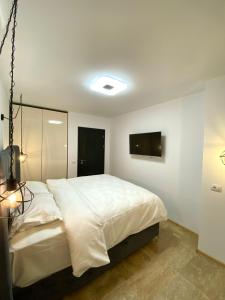 1 dormitorio con 1 cama blanca grande y TV en Boutique Apartment DOLCHE VITA, en Smolyan