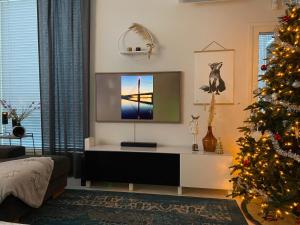 un soggiorno con albero di Natale e TV di Villa Harmony a Rovaniemi