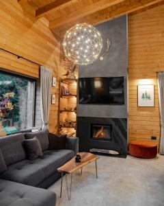 a living room with a couch and a fireplace at La Râu - by 663A Mountain Chalet in Porumbacu de Sus