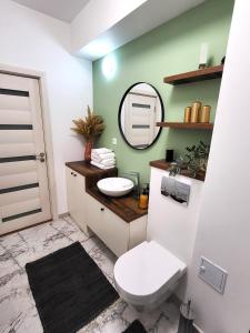 a bathroom with a white toilet and a mirror at Garden City Studio in Sibiu +13 photos