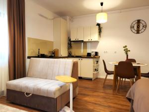 a living room and kitchen with a couch and a table at Garden City Studio in Sibiu