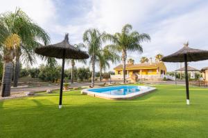 un patio trasero con piscina y 2 sombrillas en Casa Rural en el entorno de Doñana, en Hinojos
