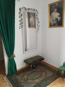a room with a mirror and a green curtain at La casita del vino in Socuéllamos