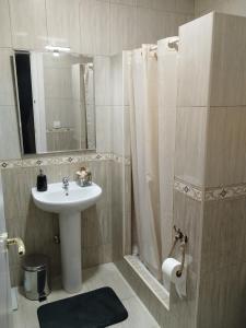 a bathroom with a sink and a shower with a mirror at La casita del vino in Socuéllamos