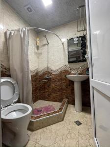 a bathroom with a shower and a toilet and a sink at Elco in Zugdidi