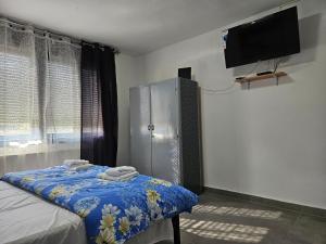 ein Schlafzimmer mit einem Bett und einem Fernseher an der Wand in der Unterkunft Kuća za odmor Antunović in Habjanovci