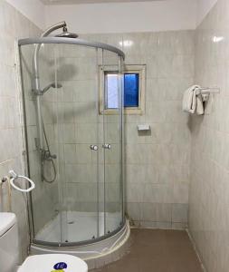 a bathroom with a shower and a toilet at Saffy Guest House in Brikama