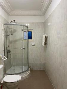 e bagno con servizi igienici e doccia in vetro. di Saffy Guest House a Brikama