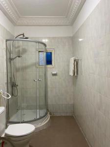 a bathroom with a toilet and a glass shower at Saffy Guest House in Brikama +36 photos