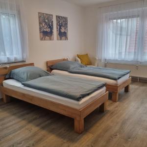 two twin beds in a room with two windows at Ferienwohnung am Enzufer mit Balkon in Bad Wildbad im Schwarzwald in Bad Wildbad