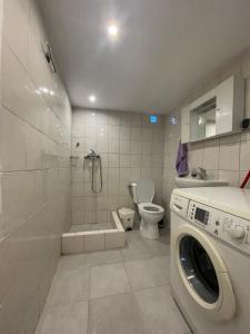 a bathroom with a washing machine and a toilet at Μονοκατοικια 3 δωματιων in Katerini