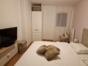 a bedroom with a bed with a tv on it at Résidence neuve avec parking intérieur et balcon in Vienne