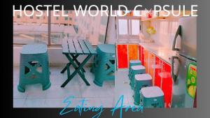 a picnic table and stools in front of a restaurant at UAE Capsule Hostel 5 min Walkable from Sharaf DG Metro in Dubai