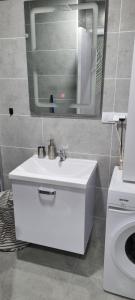 Un baño con un lavabo blanco y un espejo. en Finans1, en Ruma