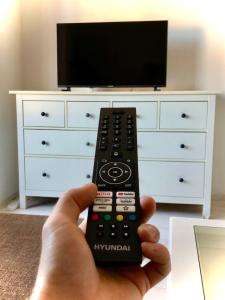 a person holding a remote control in front of a television at Apartmán v centre Žiliny s parkovaním in Žilina