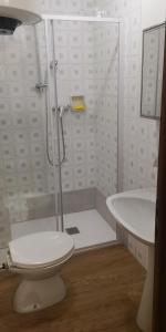 a bathroom with a shower and a toilet and a sink at CASA MIRTILLO sci ai piedi in Prato Nevoso