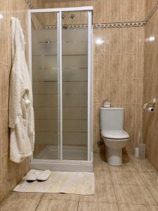 een badkamer met een toilet en een glazen douche bij Apartamento en Montanejos in Montanejos